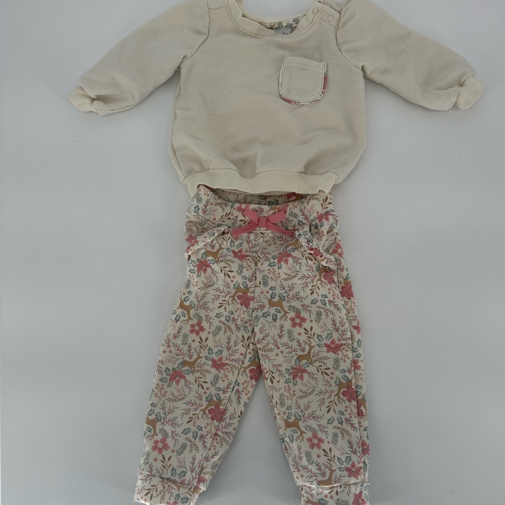 Cream Sweater and Floral Baby Pants Set - 6-9 Months Girl Cupcake & Cashmere